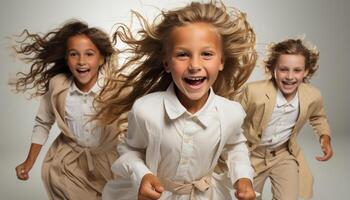 ai generato sorridente bambini giocando, gioioso risata, amicizia, felicità, e solidarieta generato di ai foto