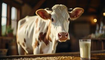 ai generato carino mucca su un' azienda agricola bevande fresco latte a partire dal mammella generato di ai foto