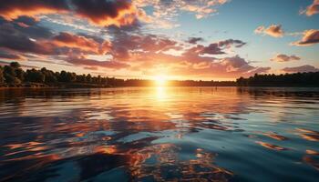 ai generato tramonto al di sopra di acqua, natura riflessione, tranquillo scena, vivace colori generato di ai foto