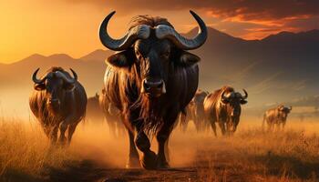 ai generato tramonto al di sopra di africano savana, mandria di bufalo pascolo nel prato generato di ai foto