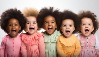 ai generato sorridente ragazze, carino ragazzi, allegro risata, felicità nel infanzia generato di ai foto