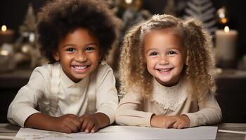 ai generato sorridente ragazze, allegro ragazzi, carino bambini giocando al chiuso, guardare a telecamera generato di ai foto