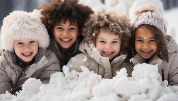 ai generato sorridente bambini giocando nel il neve, allegro inverno divertimento all'aperto generato di ai foto