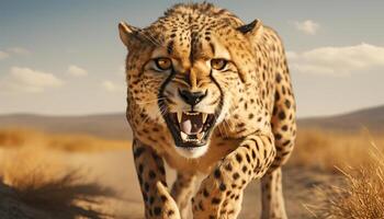 ai generato maestoso ghepardo nel africano natura selvaggia, bellezza nel natura Pericolo generato di ai foto