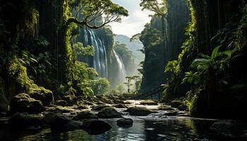 ai generato tranquillo tropicale foresta pluviale, fluente acqua, riflettendo naturale bellezza e mistero generato di ai foto