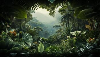 ai generato un' tropicale foresta pluviale paesaggio verde alberi, felci, e palma alberi generato di ai foto