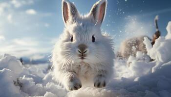 ai generato carino coniglio giocando nel il neve, godendo il inverno all'aperto generato di ai foto