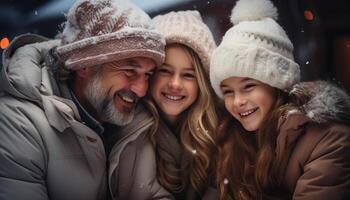 ai generato sorridente inverno coppia abbraccia all'aperto, godendo neve e solidarieta generato di ai foto