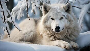 ai generato carino lupo seduta nel neve, guardare a telecamera, inverno bellezza generato di ai foto