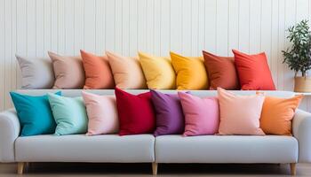 ai generato moderno, elegante vivente camera con vibrante, Multi colorato cuscini su confortevole divano generato di ai foto