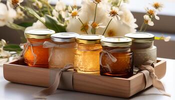 ai generato fresco miele nel un' fatti in casa barattolo, natura dolce medicina generato di ai foto