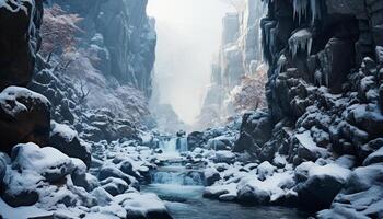 ai generato inverno montagna avventura congelato bellezza, fluente acqua, maestoso paesaggio generato di ai foto