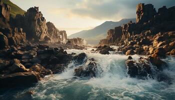 ai generato maestoso montagna picco, tranquillo paesaggio marino, fluente acqua, estremo terreno generato di ai foto