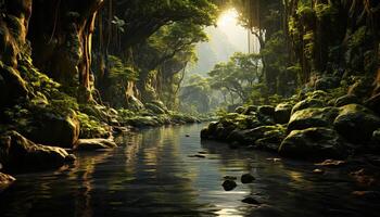 lussureggiante verde foresta, fluente acqua, riflettendo luce del sole generato di ai foto