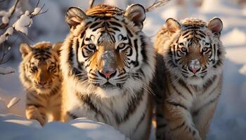 ai generato Bengala tigre a passeggio, maestoso e feroce nel il neve generato di ai foto