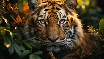 ai generato maestoso Bengala tigre nascondiglio nel tropicale foresta pluviale, fissando ferocemente generato di ai foto