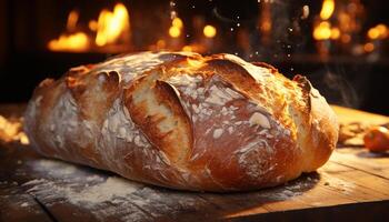 ai generato appena al forno pane su rustico di legno tavolo, fatti in casa e delizioso generato di ai foto