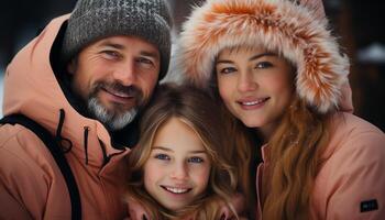 ai generato sorridente famiglia abbraccia inverno, felicità nel natura freddo abbraccio generato di ai foto