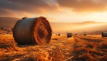 ai generato tramonto al di sopra di un' rurale azienda agricola, d'oro fieno balle punteggiatura il prato generato di ai foto