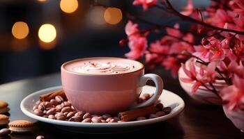 ai generato fresco caffè tazza su di legno tavolo con cioccolato dolce generato di ai foto