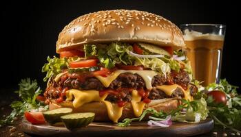 ai generato fatti in casa buongustaio hamburger con grigliato carne, formaggio, e fresco verdure generato di ai foto