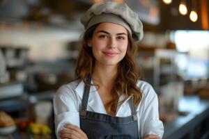 ai generato giovane femmina capocuoco con braccia attraversato in piedi nel ristorante cucina e sorridente foto