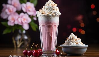 ai generato fatti in casa dolce tavolo buongustaio dolci, fresco frutta, cioccolato indulgenza generato di ai foto