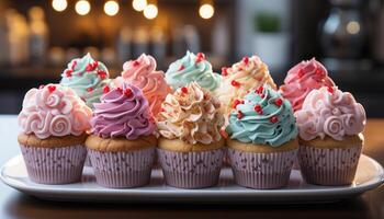 ai generato fatti in casa Cupcake con rosa glassatura, decorato per compleanno celebrazione generato di ai foto