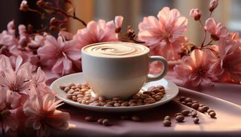 ai generato fresco caffè tazza su di legno tavolo con fiore decorazione generato di ai foto
