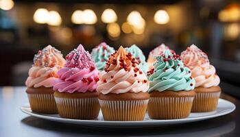 ai generato un' fatti in casa Cupcake con rosa glassatura e cioccolato decorazione generato di ai foto