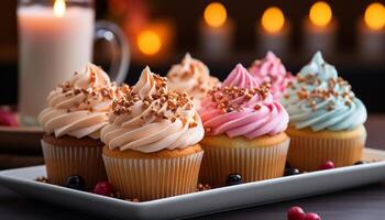 ai generato fatti in casa Cupcake con cioccolato glassatura, un' dolce indulgenza generato di ai foto