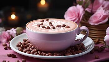 ai generato aromatico caffè, cremoso cioccolato, fresco fiore Perfetto tavolo ambientazione generato di ai foto