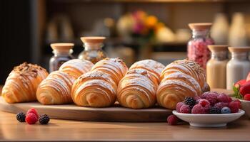 ai generato fatti in casa brioche, fresco lampone, dolce ciambella su rustico legna generato di ai foto