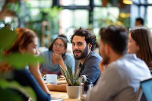 ai generato gruppo di persone seduta a tavolo nel un' bar foto