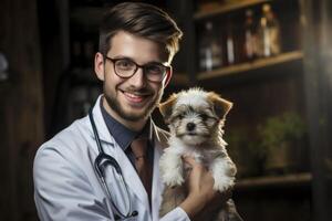 ai generato un' uomo nel un' bianca cappotto Tenere un' piccolo cane foto