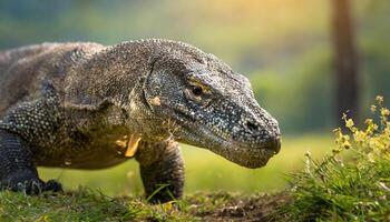 ai generato komodo Drago avvicinamento a piedi su erba foto