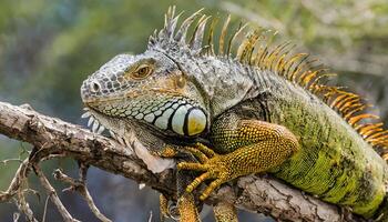 ai generato iguana avvicinamento riposo nel il foresta foto