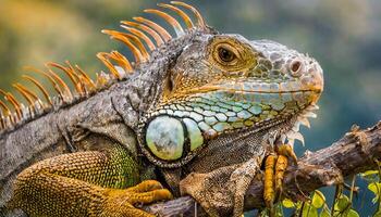 ai generato iguana viso avvicinamento riposo solo su albero foto