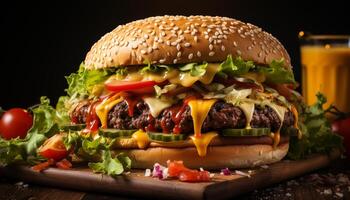 ai generato grigliato buongustaio hamburger su fresco pane con fuso Cheddar generato di ai foto