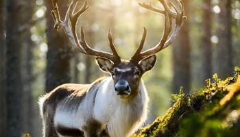 ai generato renna avvicinamento in piedi solo nel il foresta foto