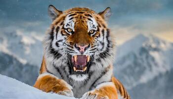 ai generato arrabbiato aggressivo siberiano tigre avvicinamento su neve montagne foto