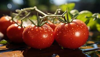 ai generato fresco pomodoro far cadere su bagnato foglia, natura salutare buongustaio insalata generato di ai foto