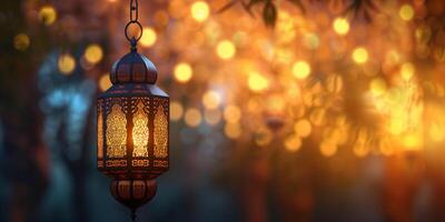 ai generato lanterna nel il notte. Ramadan kareem sfondo foto