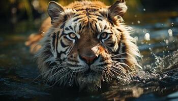 ai generato maestoso Bengala tigre fissando, riflettendo nel tranquillo stagno, selvaggio bellezza generato di ai foto