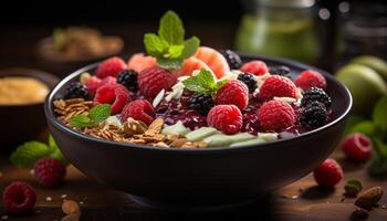 ai generato freschezza nel un' ciotola lampone, mirtillo, muesli, Yogurt, menta foglia generato di ai foto