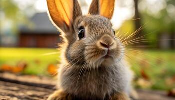 ai generato carino soffice bambino coniglio seduta nel erba, guardare adorabile generato di ai foto