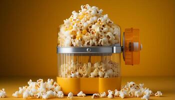 ai generato fresco Popcorn nel giallo ciotola, Perfetto film Teatro merenda generato di ai foto