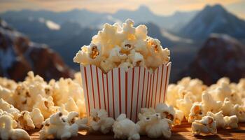 ai generato buongustaio merenda, film Guardando, montagna picco avventura, rinfrescante bevanda generato di ai foto