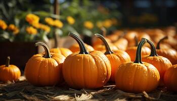 ai generato autunno raccogliere zucca, zucca, e lanterna decorazione generato di ai foto