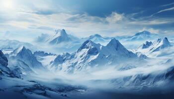 ai generato maestoso montagna picco, blu cielo, tranquillo scena, natura bellezza generato di ai foto